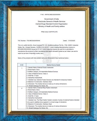 Free Sale Instruments Certificate - (Indian FDA)